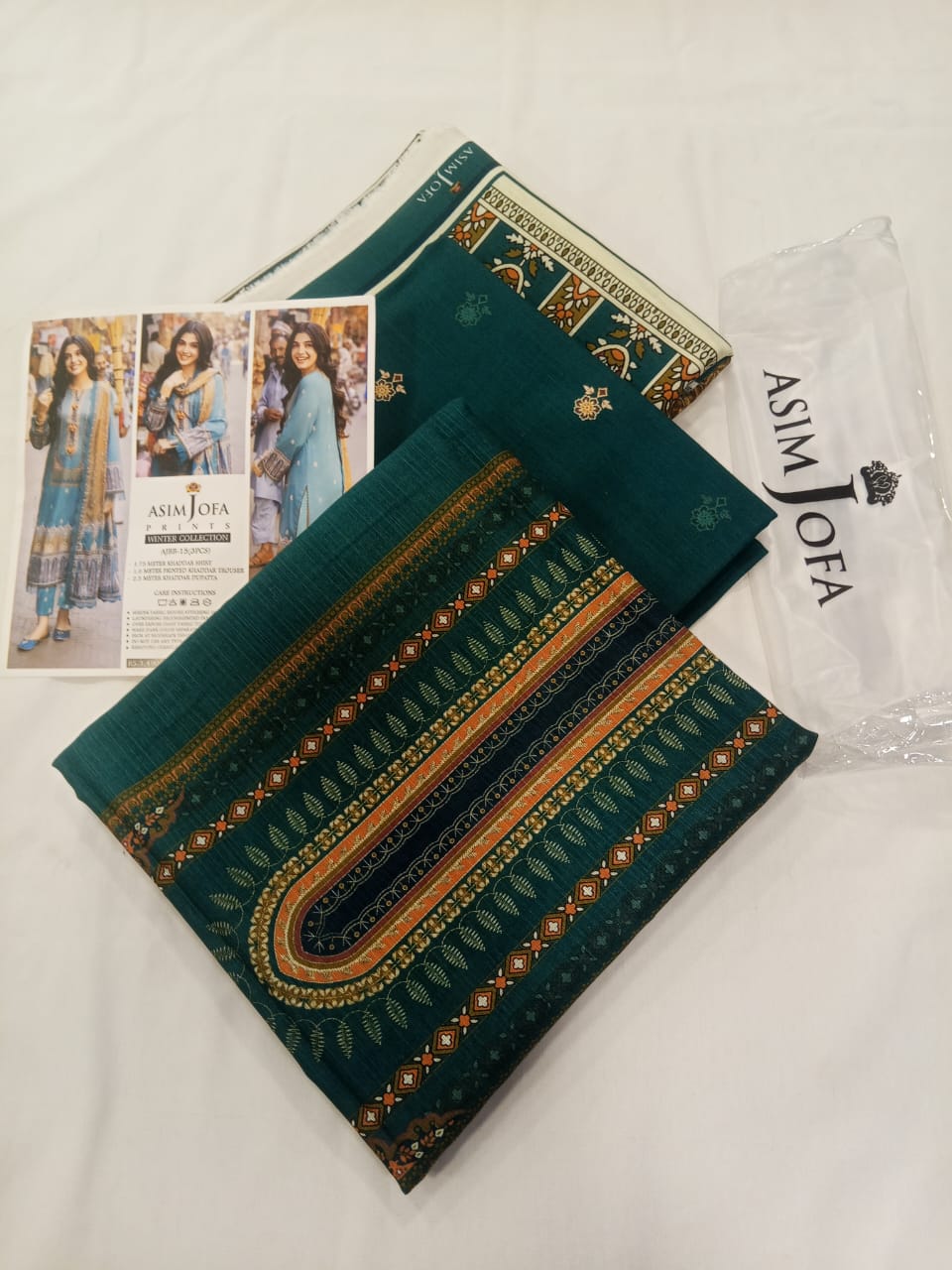 Asim Jofa 3pc Unstitched Khaddar Suit | Deep Sea Green