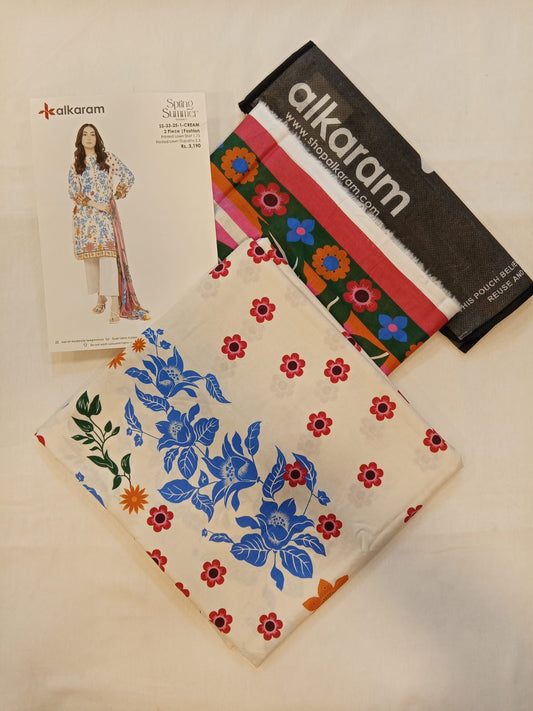 Cream | Alkaram 2pc Unstitched Lawn Suit