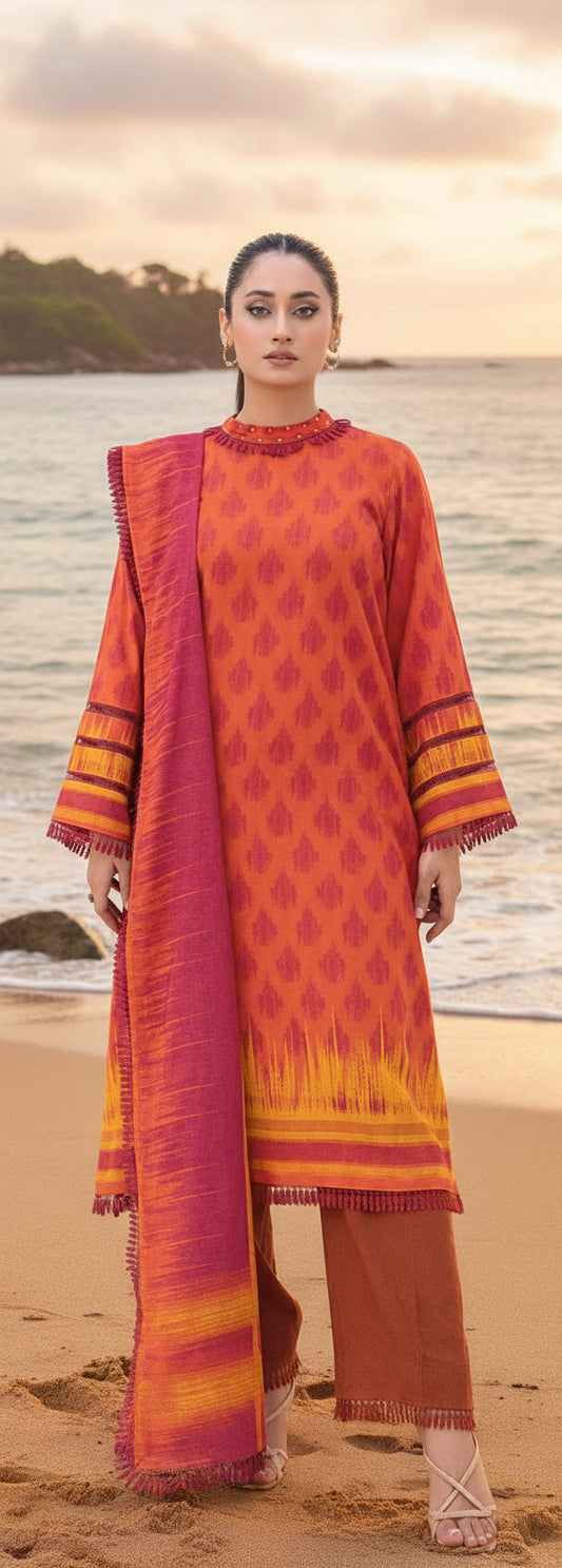 Gul Ahmed 3pc Unstitched Khaddar Suit | Orange