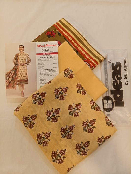 Gul Ahmed 3pc Unstitched Khaddar Suit | Light Yellow