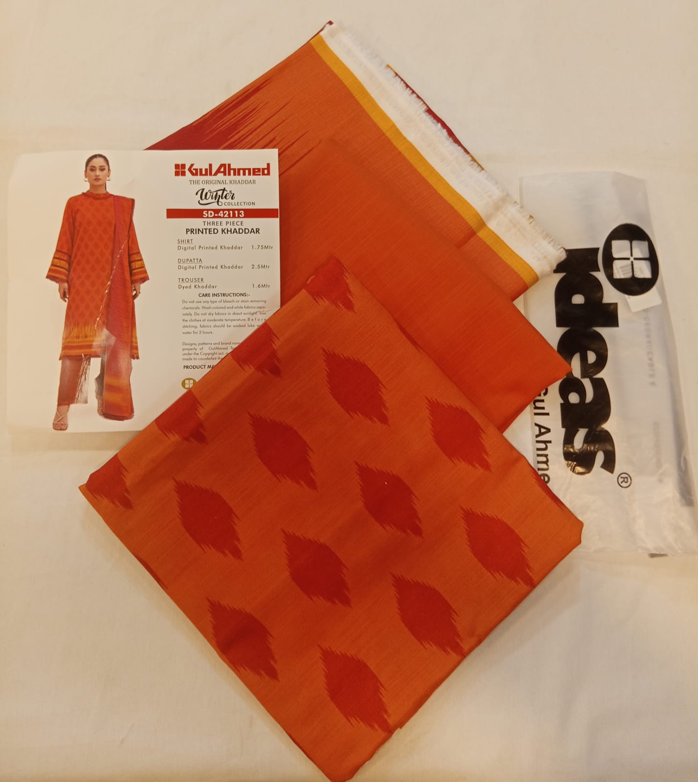 Gul Ahmed 3pc Unstitched Khaddar Suit | Orange