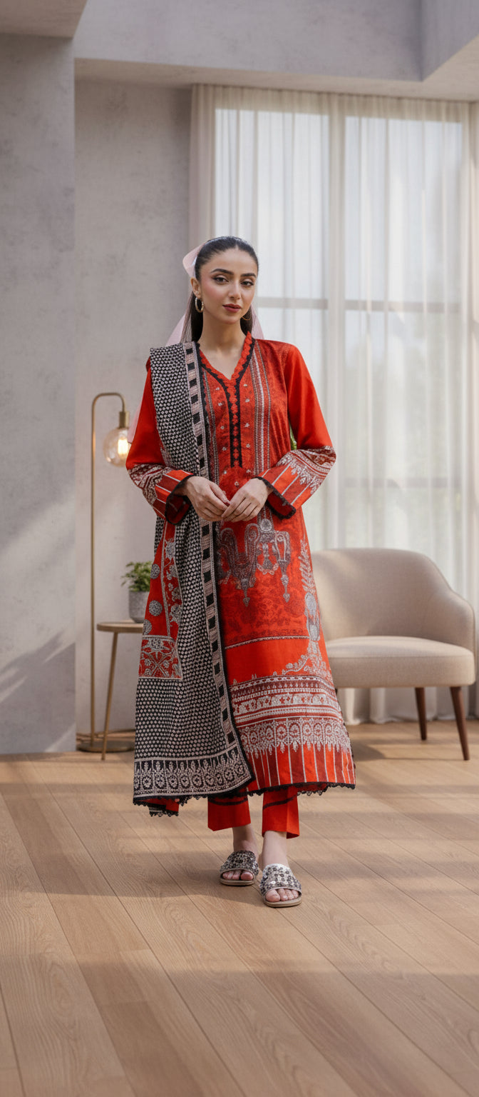 Gul Ahmed 3pc Unstitched Khaddar Suit | Red