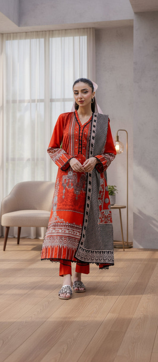 Gul Ahmed 3pc Unstitched Khaddar Suit | Red