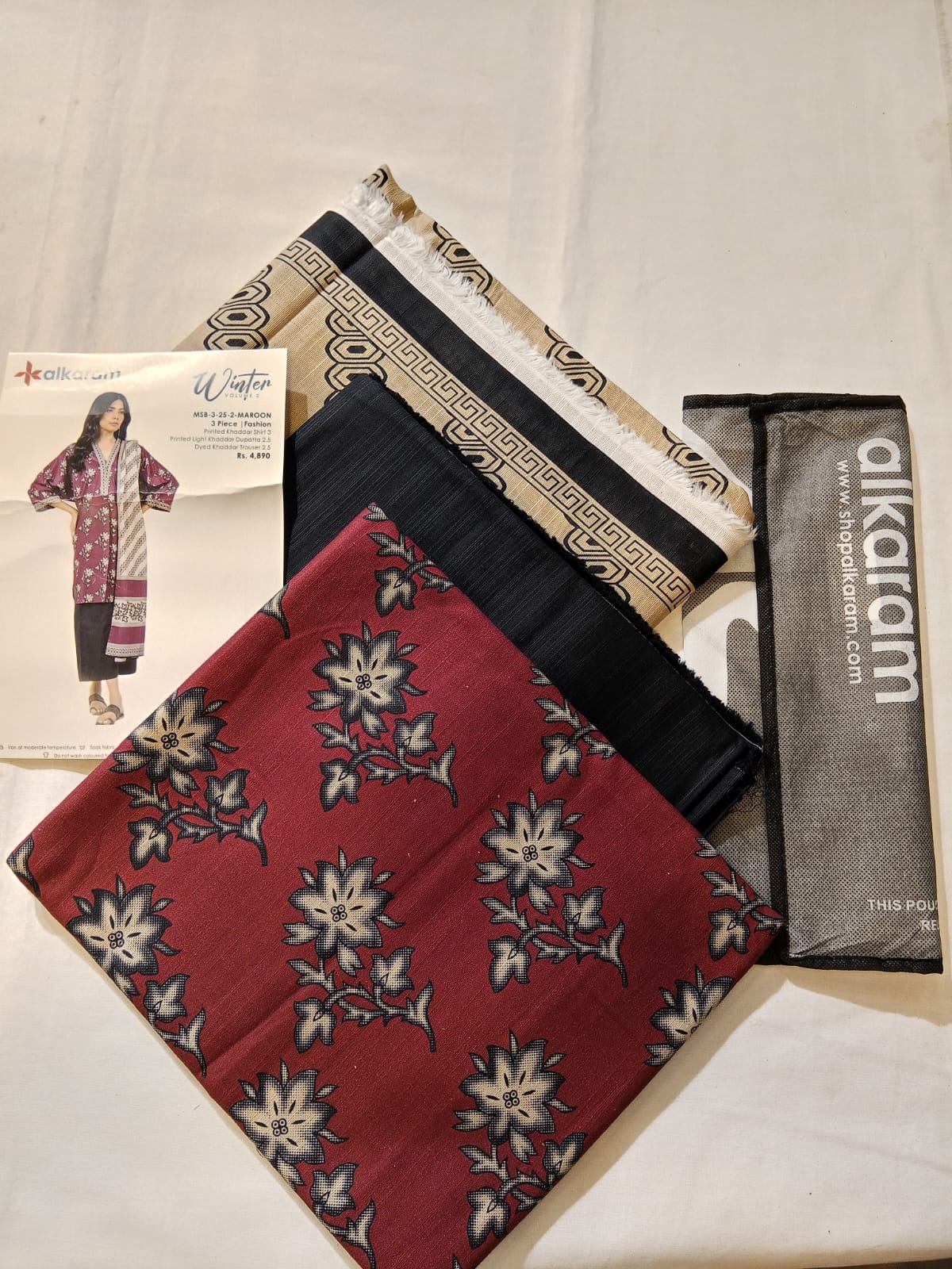 Alkaram 3pc Unstitched Khaddar Suit | Maroon