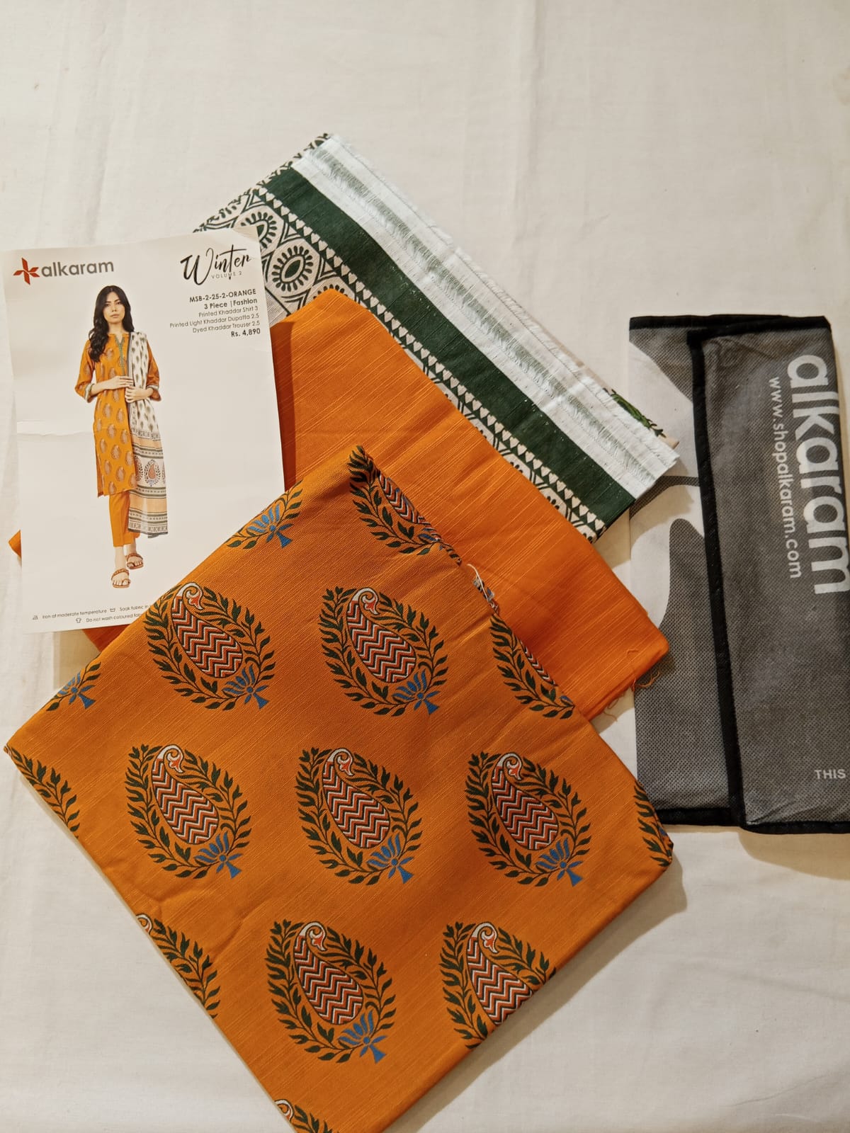 Alkaram 3pc Unstitched Khaddar Suit | Orange