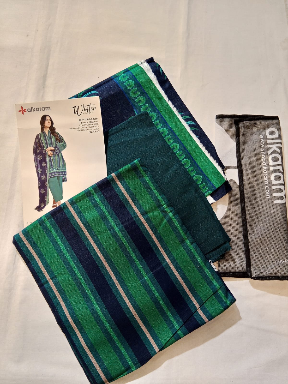 Alkaram 3pc Unstitched Khaddar Suit | Green