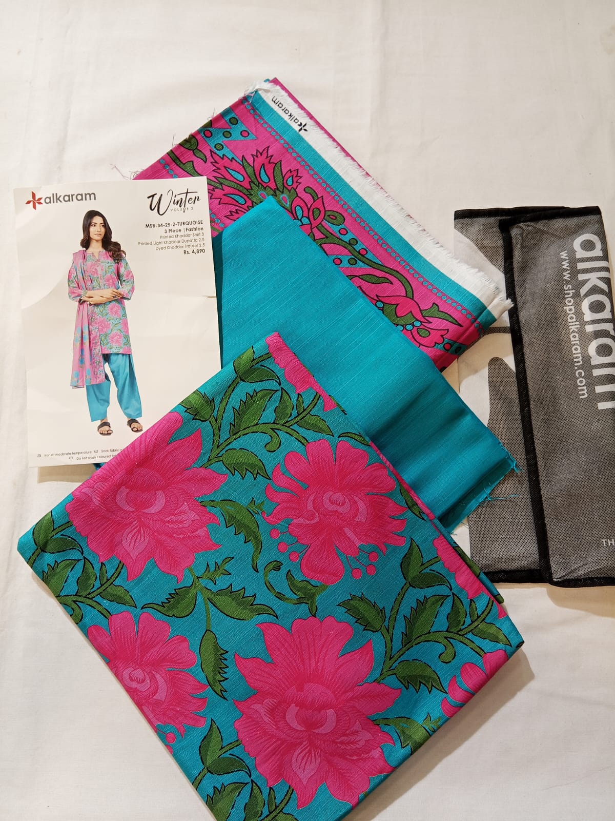 Alkaram 3pc Unstitched Khaddar Suit | Turquoise