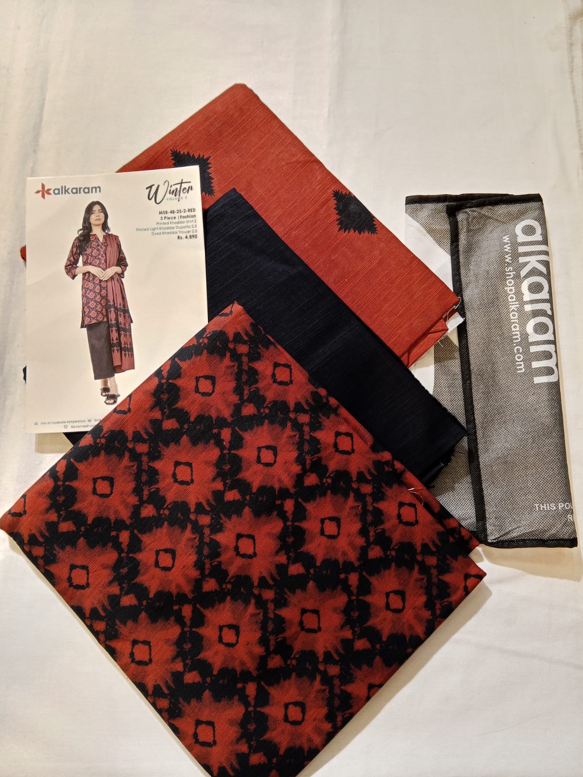 Alkaram 3pc Unstitched Khaddar Suit | Red