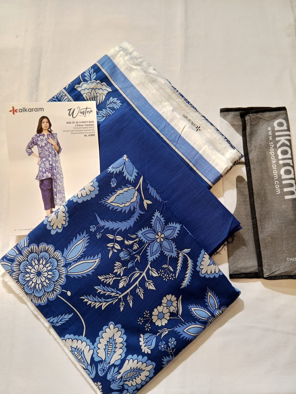 Alkaram 3pc Unstitched Khaddar Suit | Navy Blue
