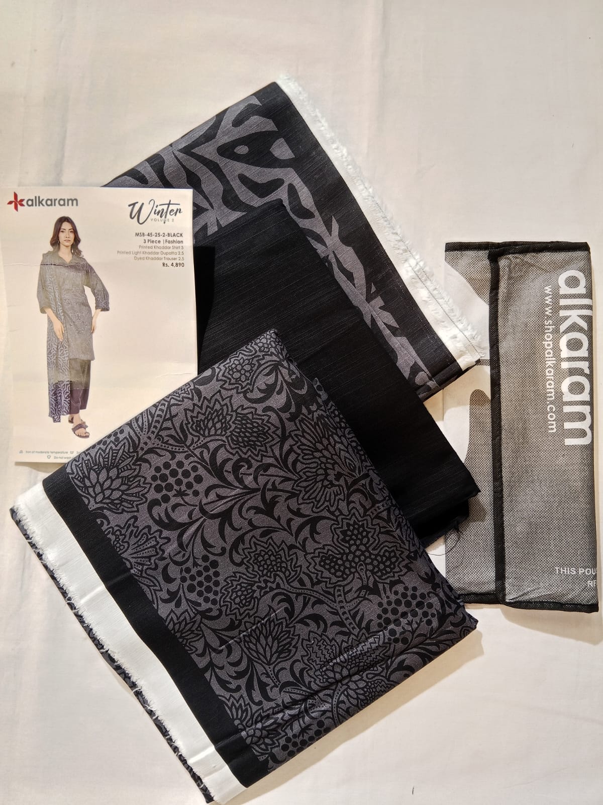 Alkaram 3pc Unstitched Khaddar Suit | Black