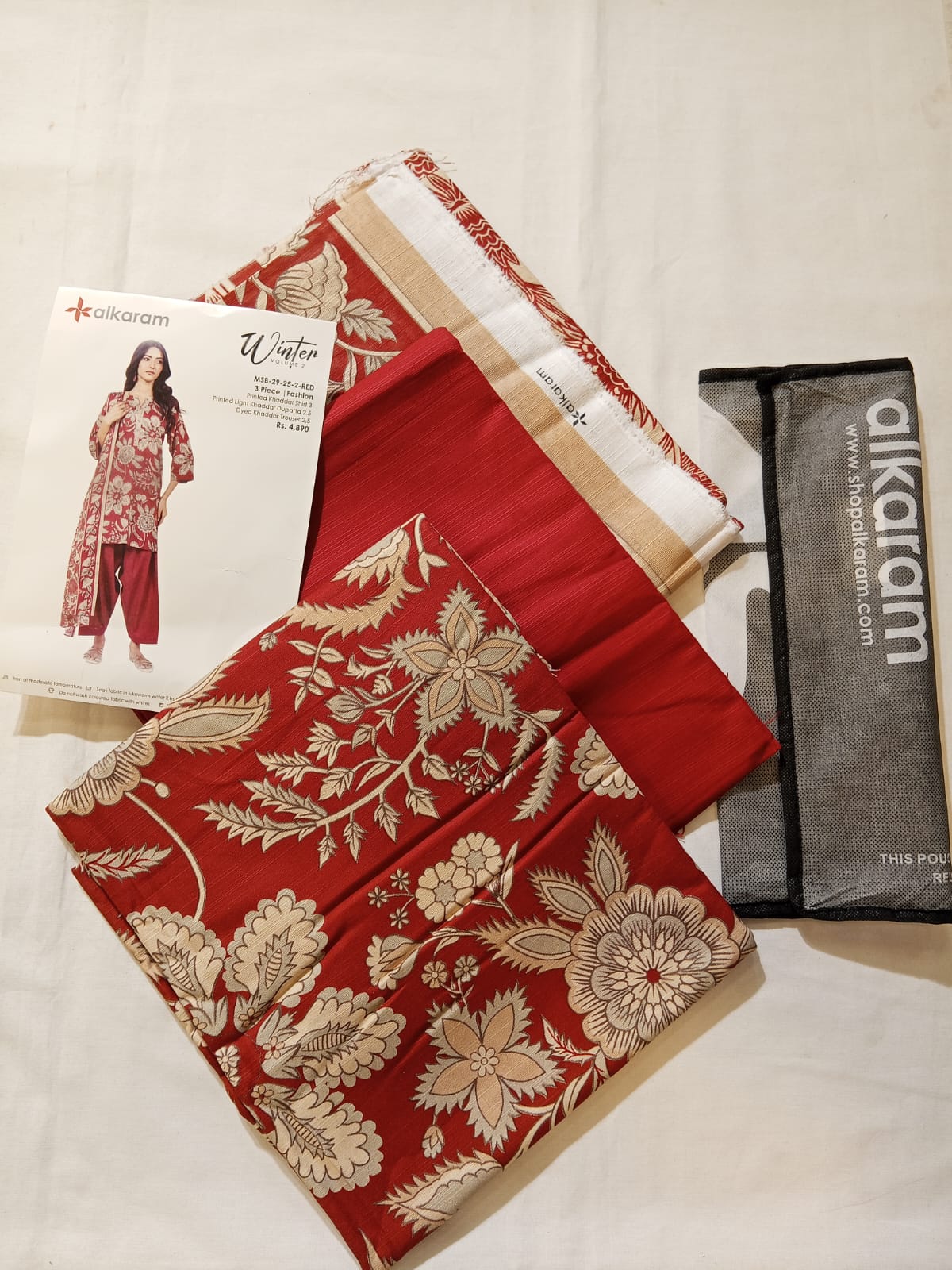 Alkaram 3pc Unstitched Khaddar Suit | Red