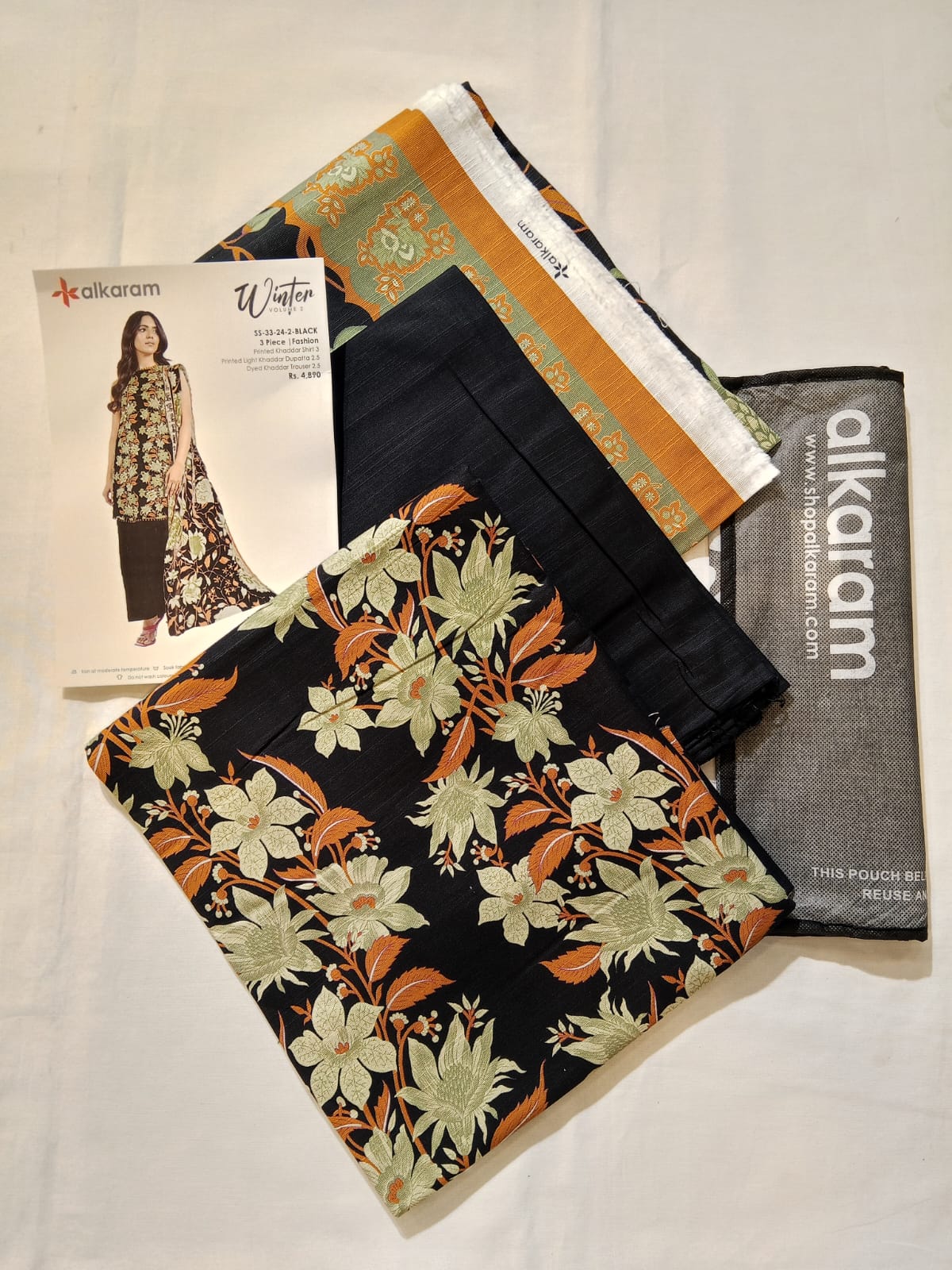 Alkaram 3pc Unstitched Khaddar Suit | Black