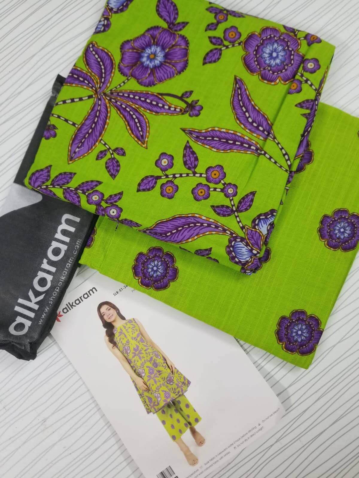 Vibrant Green | Al-Karam 2pc Unstitched Khaddar Suit with printed khaddar fabric and style guide.