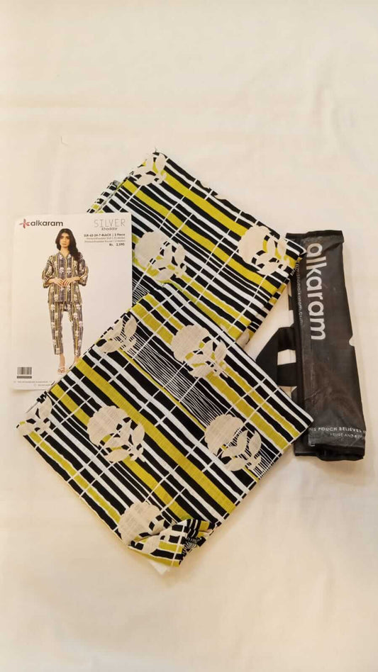 Black | Al-Karam 2pc Unstitched Khaddar Suit with printed khaddar shirt and trouser fabric.