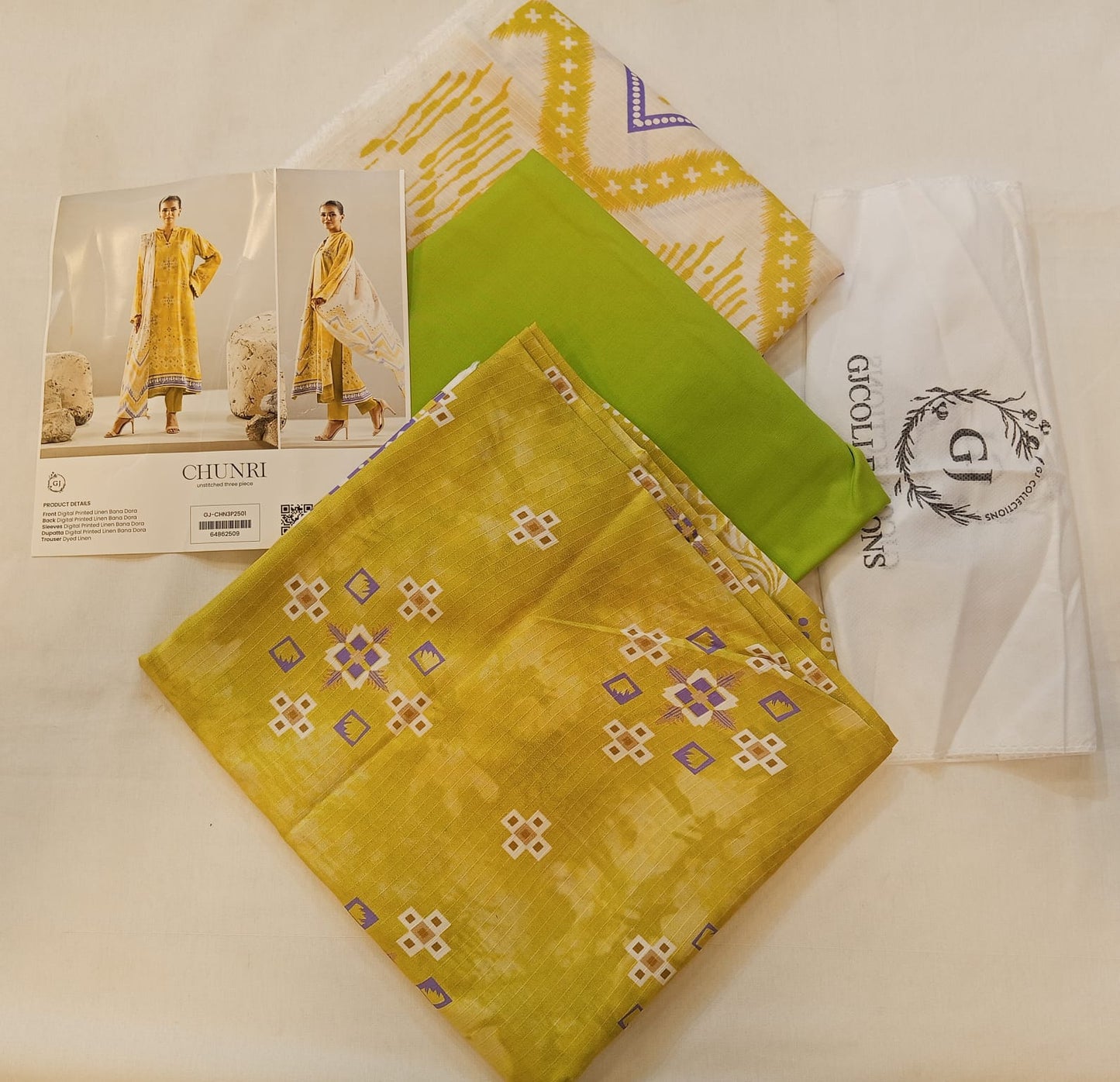 Lime Green | Chunri by GJ 3pc Unstitched Linen Bana Dora Collection