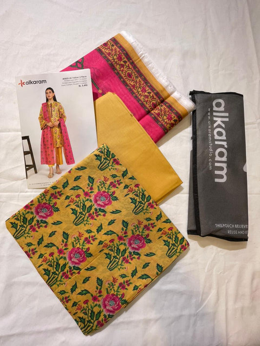 Yellow | Al-Karam 3pc Unstitched Lawn Suit
