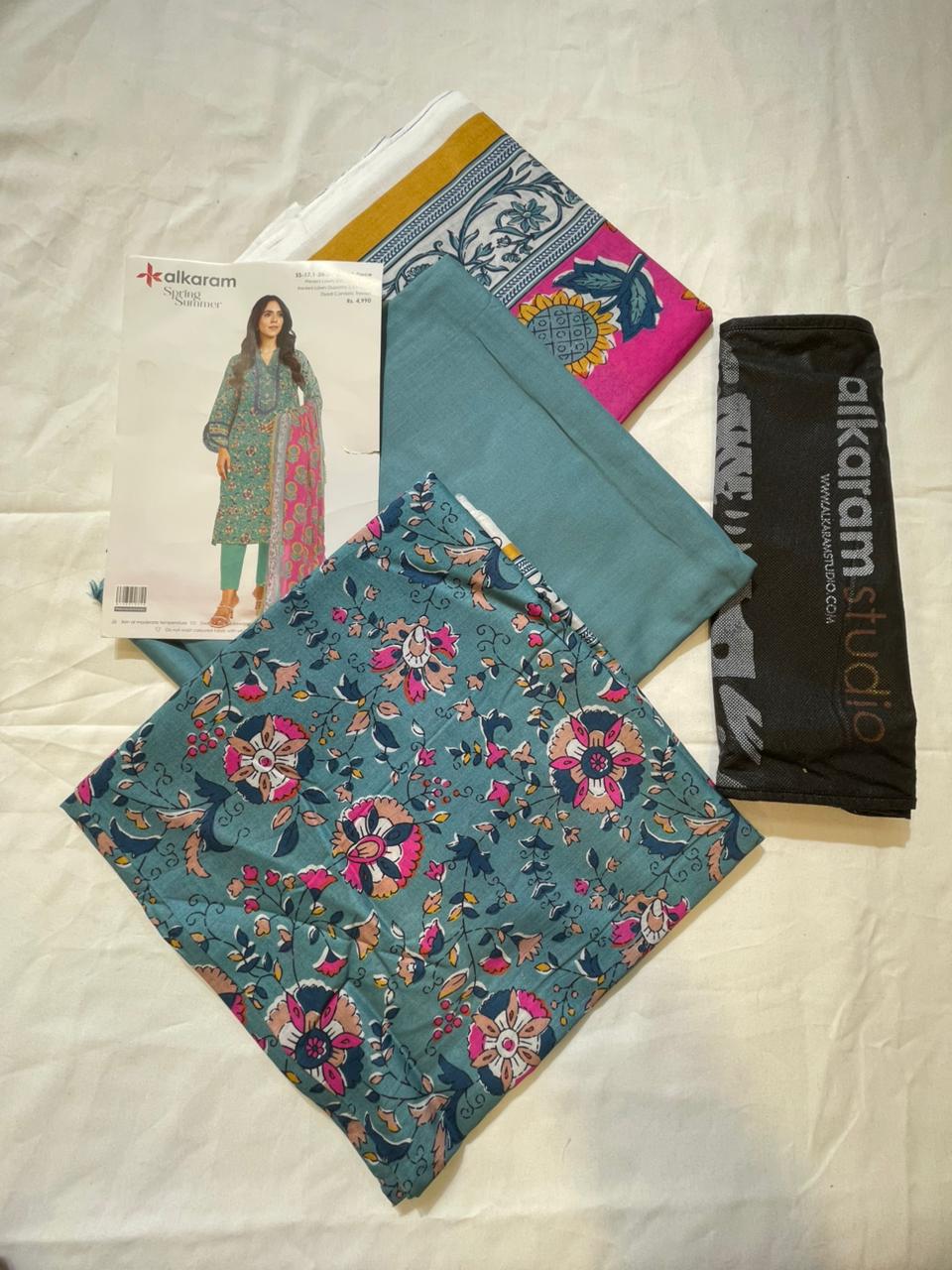 Teal Blue | Al-Karam 3pc Unstitched Lawn Suit