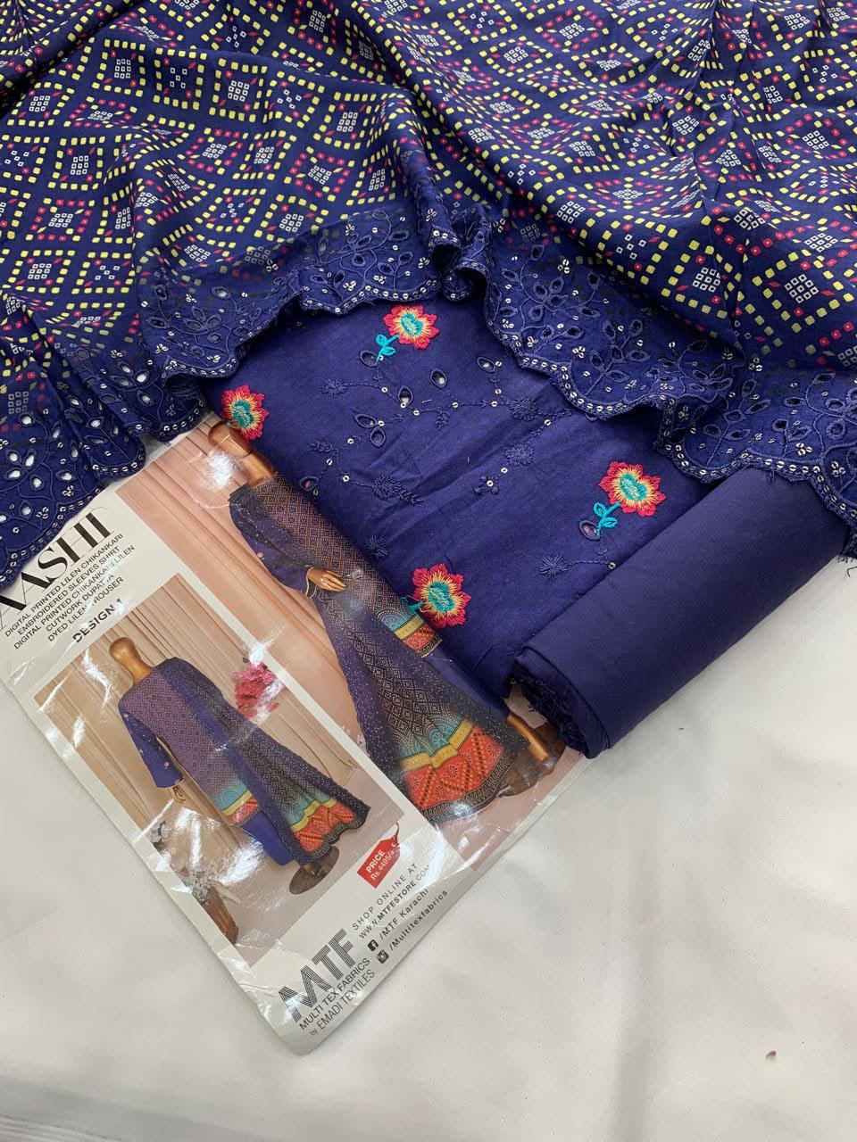 Mtf By Aashi 3pc Unstitched Linen Embroidered - Navy Blue