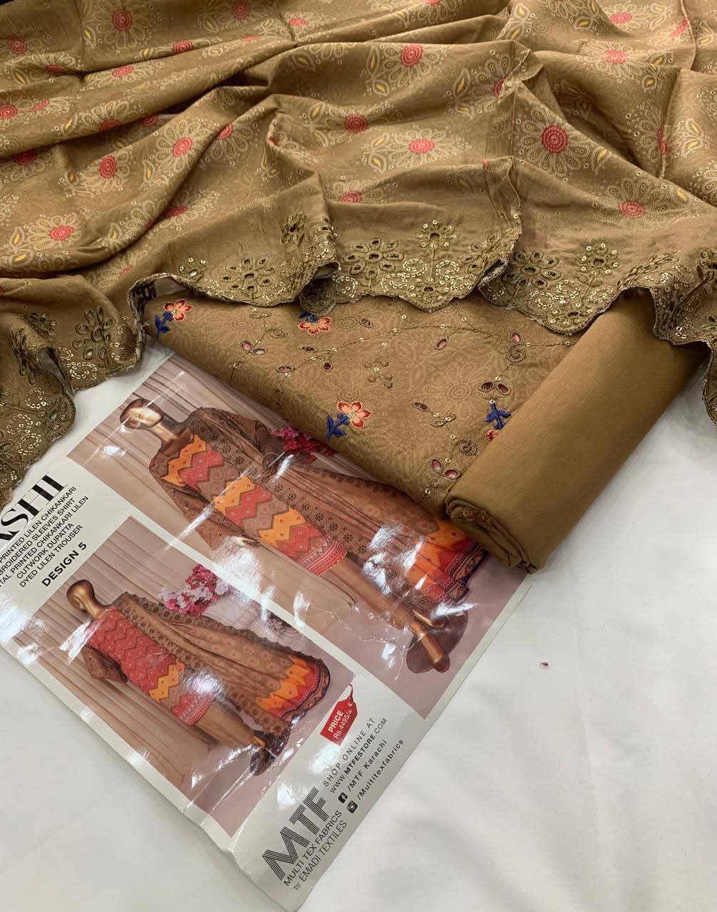 Mtf By Aashi 3pc Unstitched Linen Embroidered - Bronze