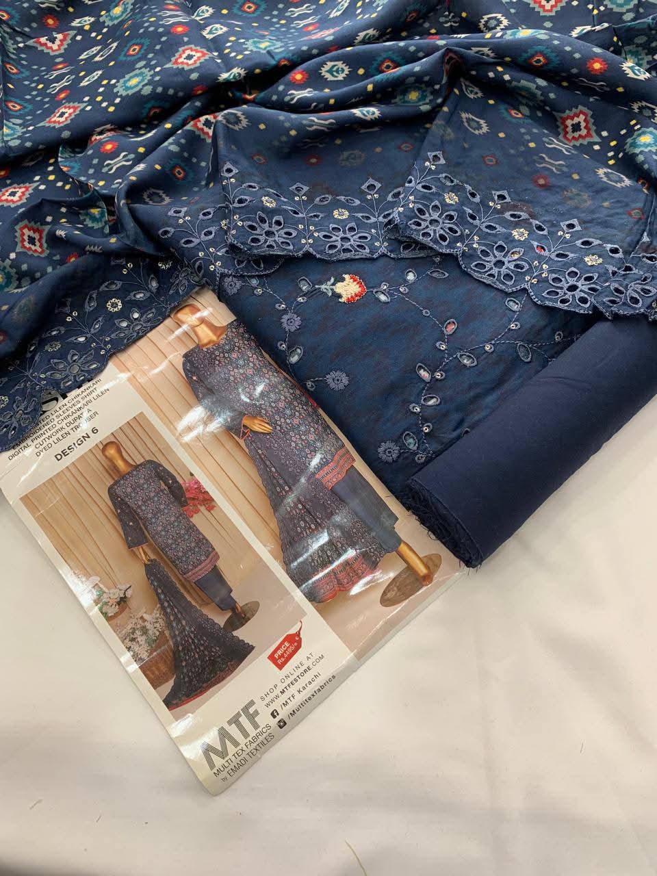 Mtf By Aashi 3pc Unstitched Linen Embroidered - Dusty Blue