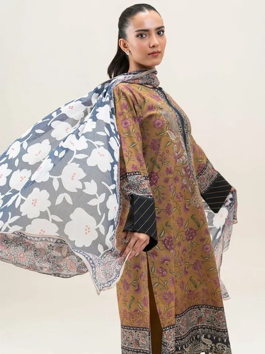 BeechTree 3 PIECE PRINTED LAWN SUIT-MUSTARD FLARE (UNSTITCHED)