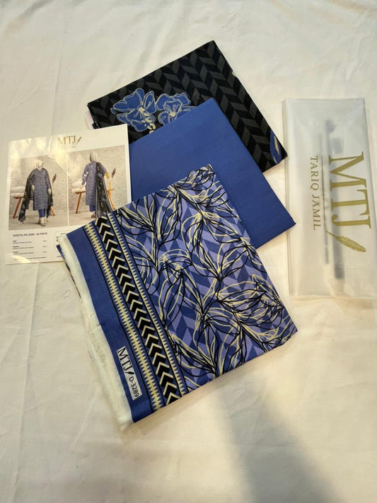 Mtj 3 PIECE PRINTED LAWN SUIT- Blue (UNSTITCHED)