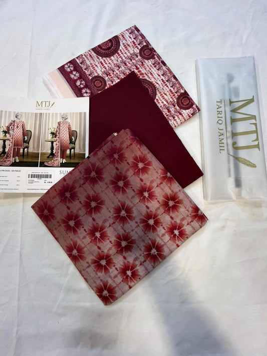 Mtj 3 PIECE PRINTED LAWN SUIT- Red (UNSTITCHED)