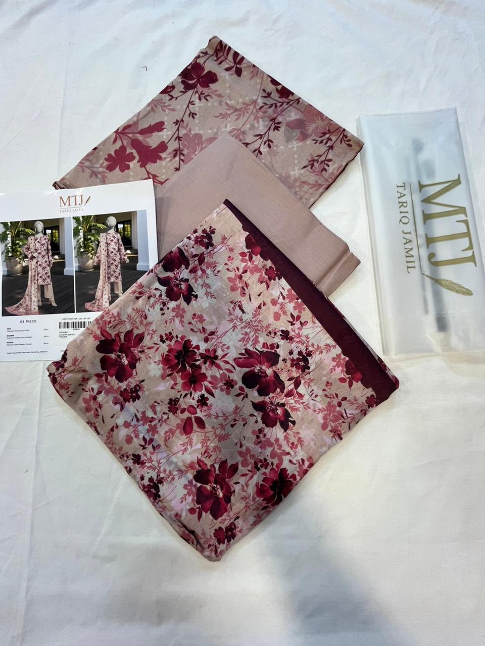 Mtj 3 PIECE PRINTED LAWN SUIT- Beige (UNSTITCHED)