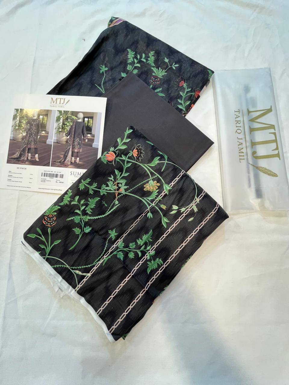 Mtj 3 PIECE PRINTED LAWN SUIT- Charcoal (UNSTITCHED)