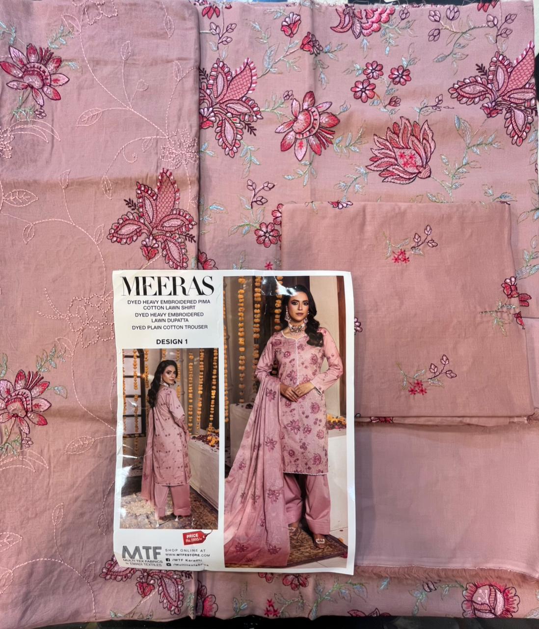 Meeras By MTF Dyed Heavy Embroidered Pima Cotton Lawn - Dusty Rose