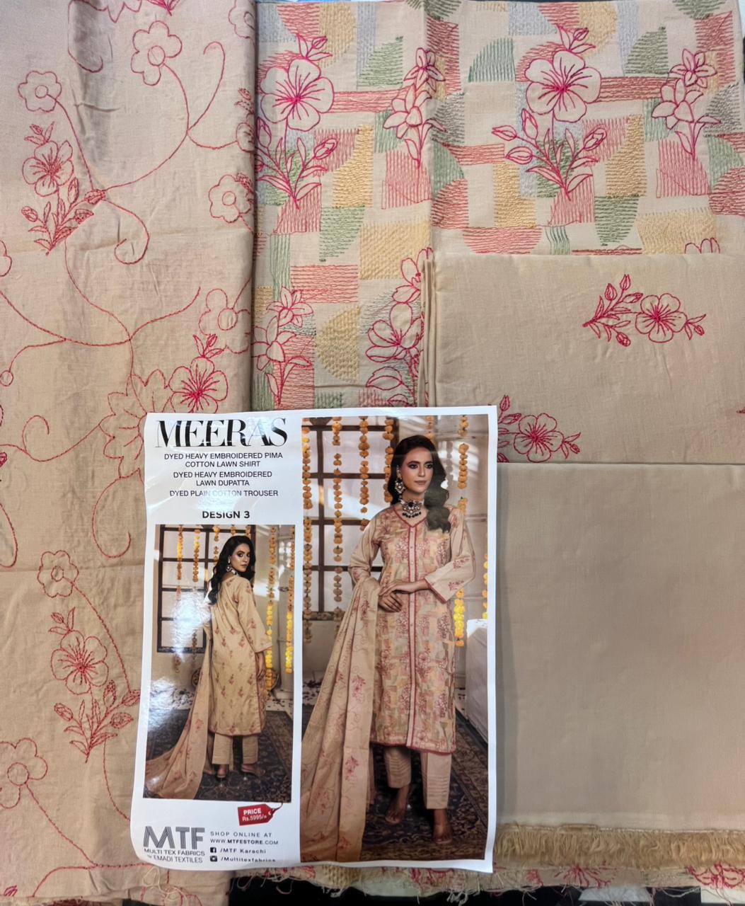 Meeras By MTF Dyed Heavy Embroidered Pima Cotton Lawn - Beige