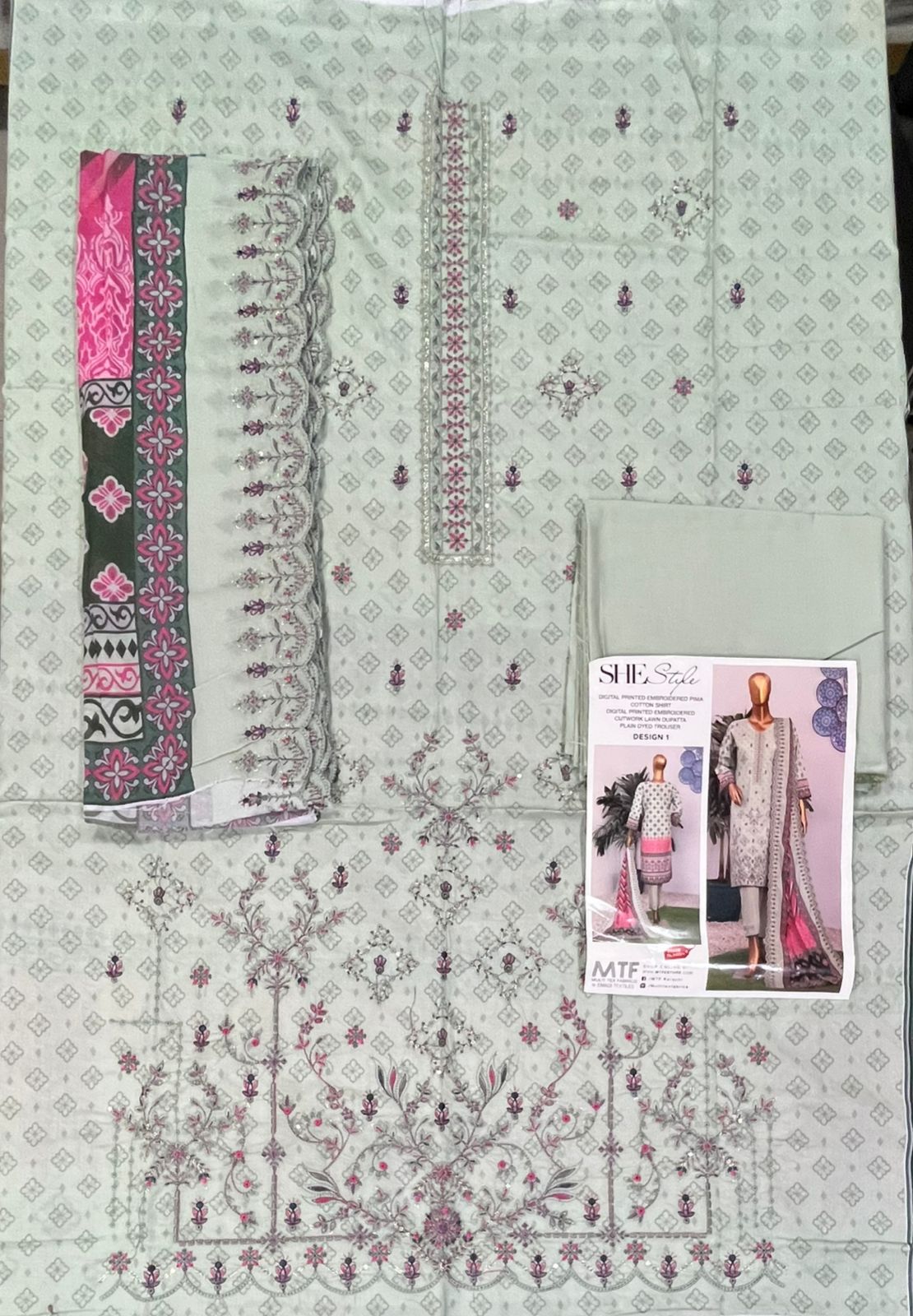 She Style By MTF Digital Printed Embroidered Pima Cotton - Light Green