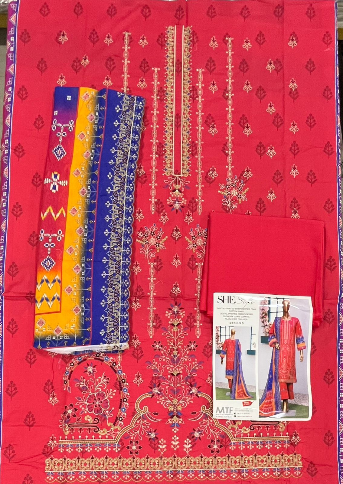 She Style By MTF Digital Printed Embroidered Pima Cotton - Shocking Pink