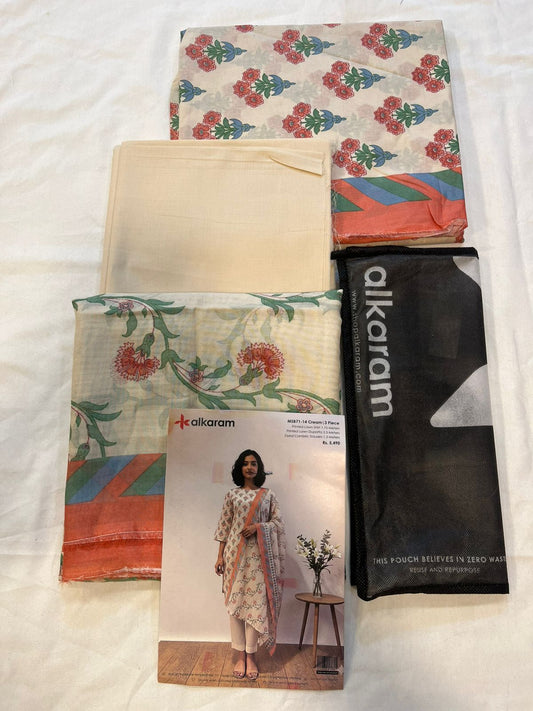 Ivory - Alkaram 3pc Unstitched Lawn Suit fabric components including shirt, dupatta, and trousers.