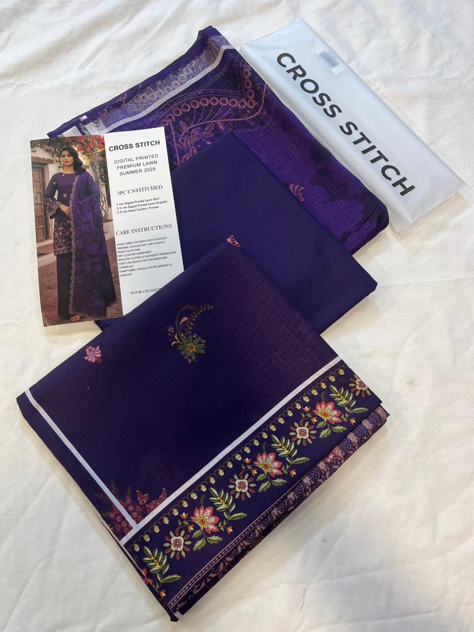 Cross Stitch 3 Piece - Printed Unstitched Lawn in Deep Purple with digital printed shirt, dupatta, and trouser.