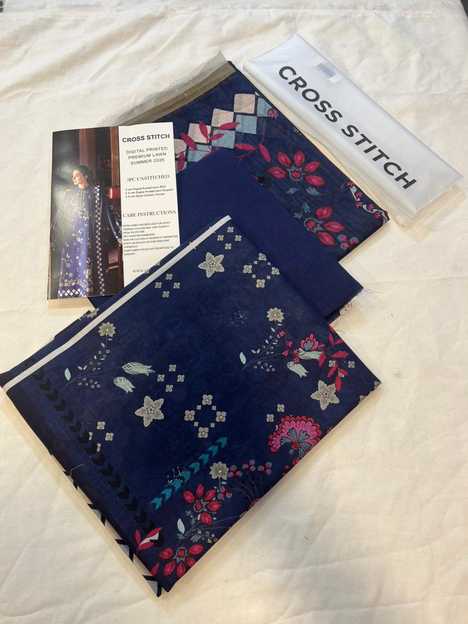 Cross Stitch 3 Piece - Printed Unstitched Lawn