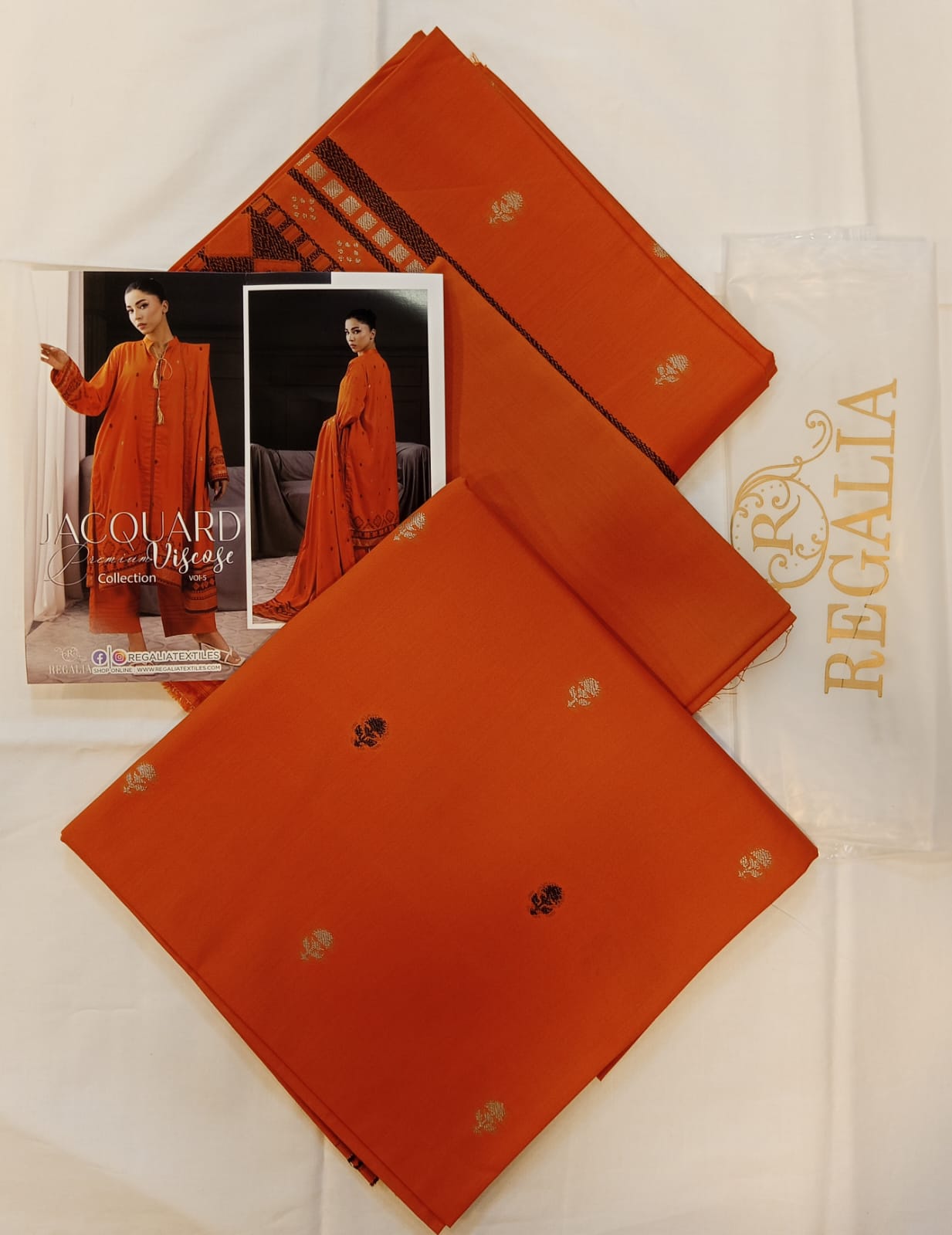 Close-up of the premium texture and weave of Orange Regalia Jacquard Viscose 3pc.