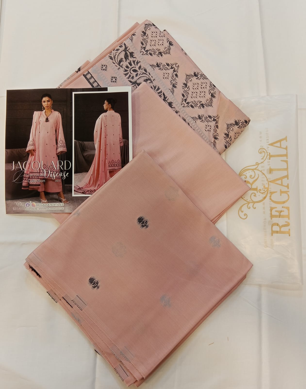 Close-up of the premium texture and weave of Baby Pink Regalia Jacquard Viscose 3pc.