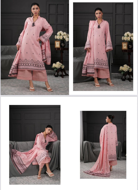 Baby Pink Regalia Jacquard Viscose 3pc suit worn by model showcasing luxury unstitched tailoring.