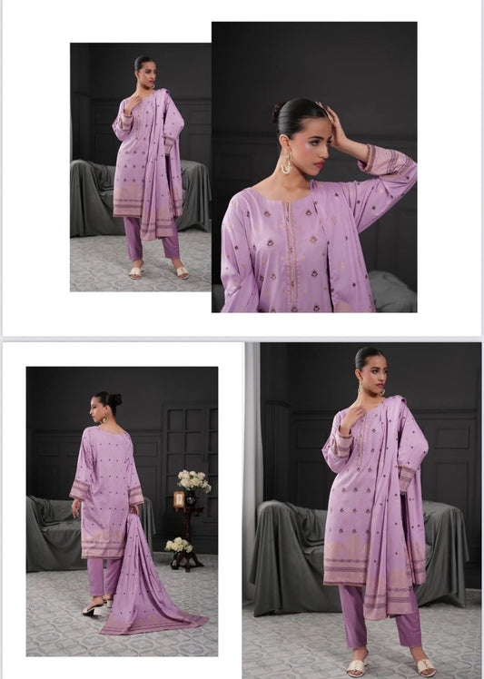 Lavender Regalia Jacquard Viscose 3pc suit worn by model showcasing luxury unstitched tailoring.