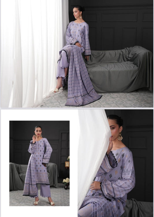 Light Purple Regalia Jacquard Viscose 3pc suit worn by model showcasing luxury unstitched tailoring.Light Purple Regalia Jacquard Viscose 3pc suit worn by model showcasing luxury unstitched tailoring.