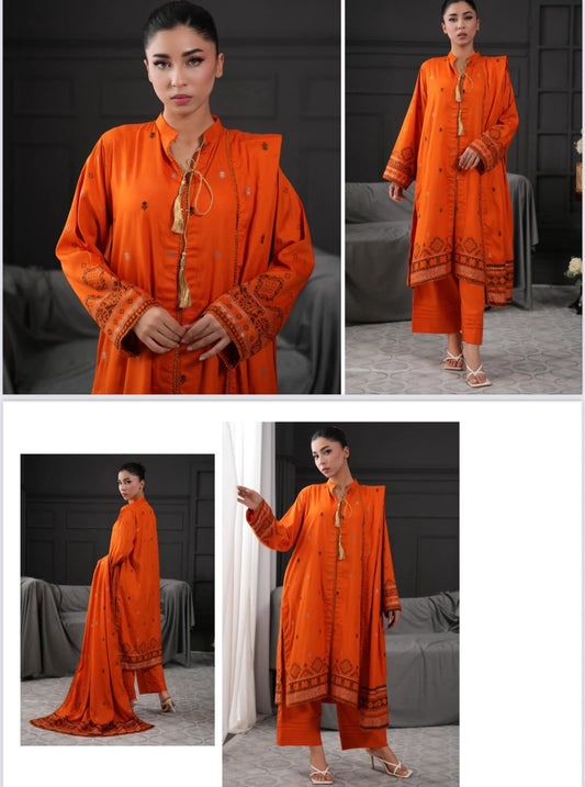 Orange Regalia Jacquard Viscose 3pc suit worn by model showcasing luxury unstitched tailoring.