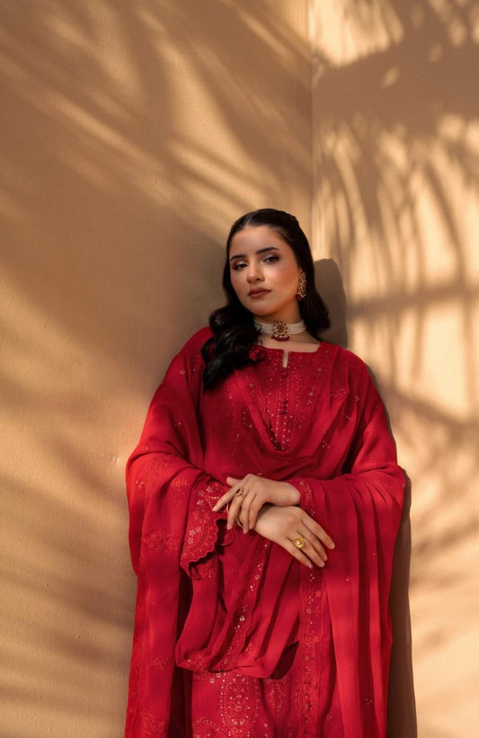 Red Iconic Rujhan Luxury Cotton 3pc suit worn by model showcasing a classic luxury festive ensemble.