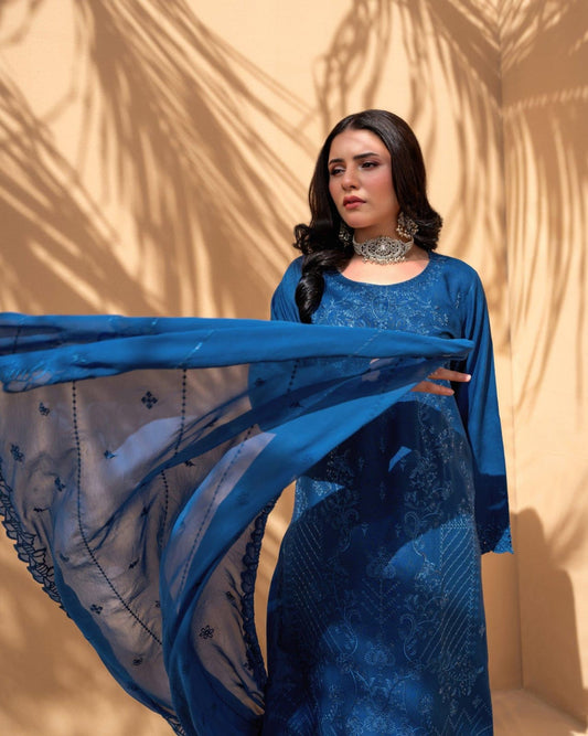 Royal Blue Iconic Rujhan Luxury Cotton 3pc suit worn by model for a bold Eid festive look.