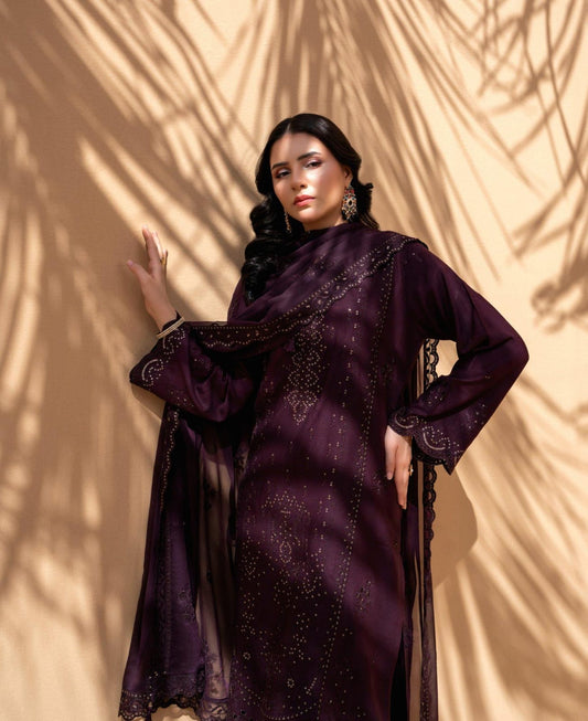 Dark Wine Purple Iconic Rujhan Luxury Cotton 3pc suit worn by model for the 2026 Festive Edit.