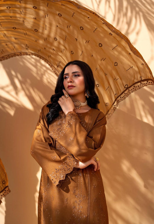 Brown Iconic Rujhan Luxury Cotton 3pc suit worn by model showcasing a sophisticated festive fit.