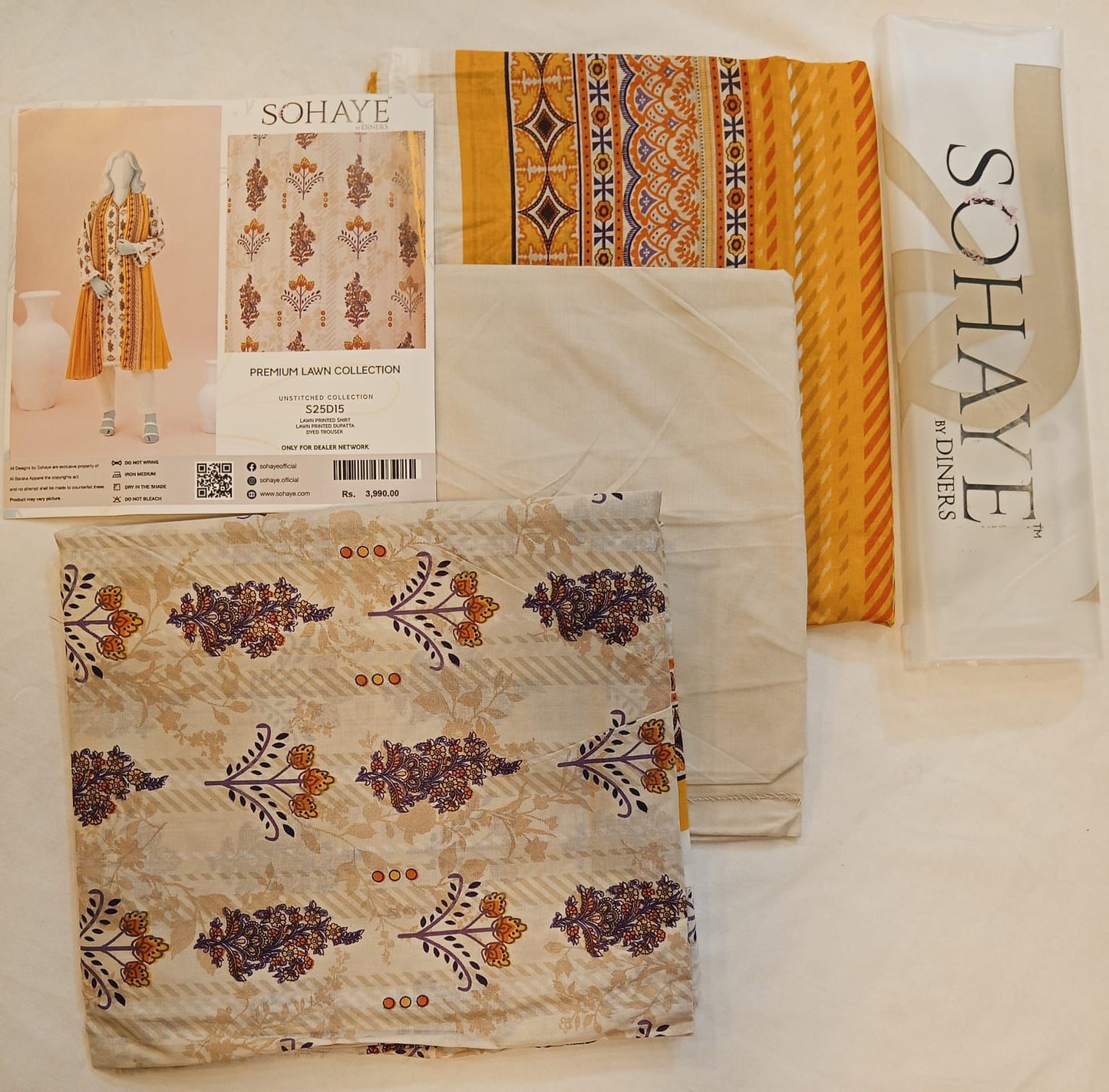 Cream | Sohaye By Diners 3pc Unstitched Lawn Suit