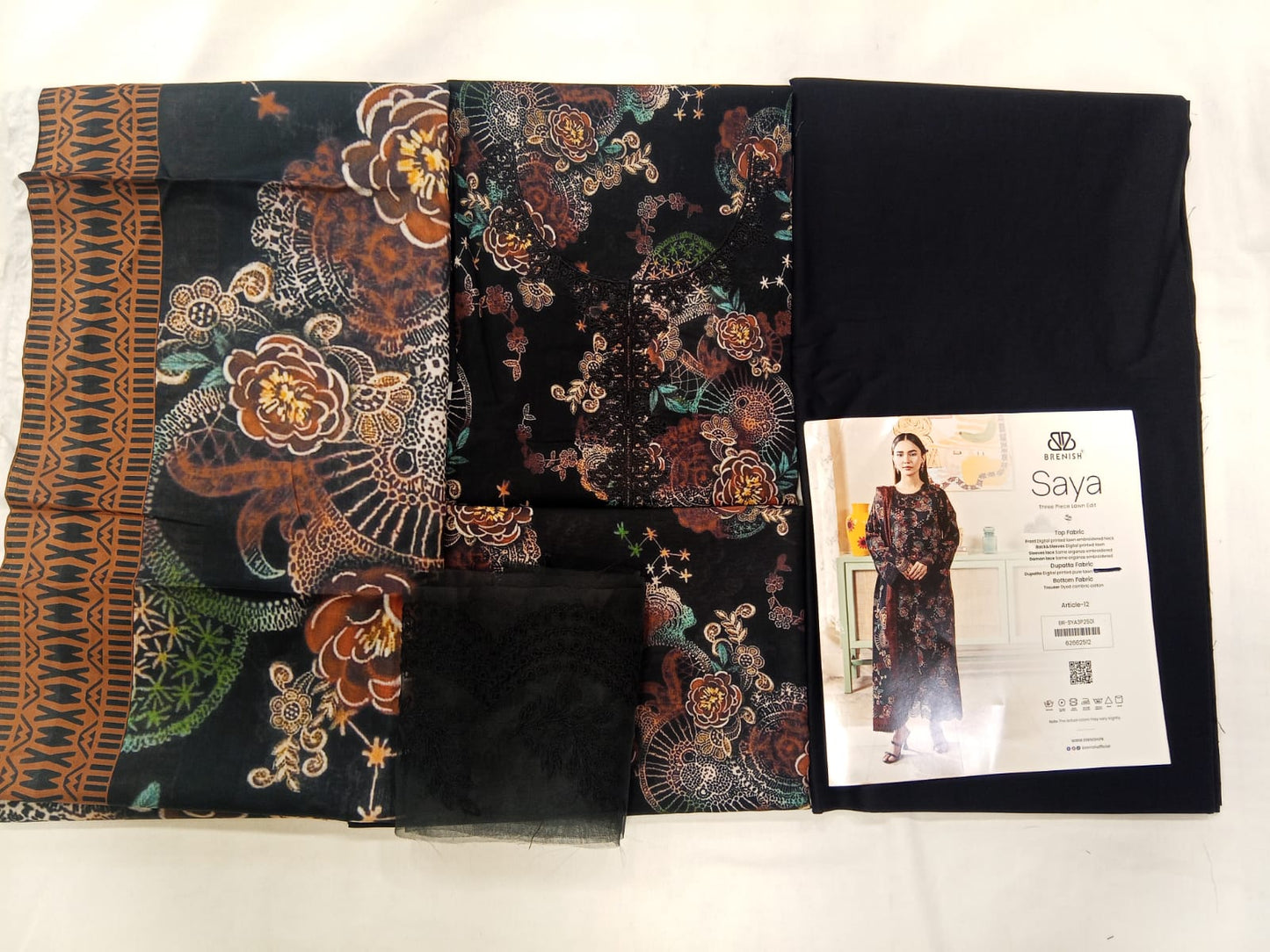 Black | SAYA 3pc Unstitched Lawn Suit | Brenish