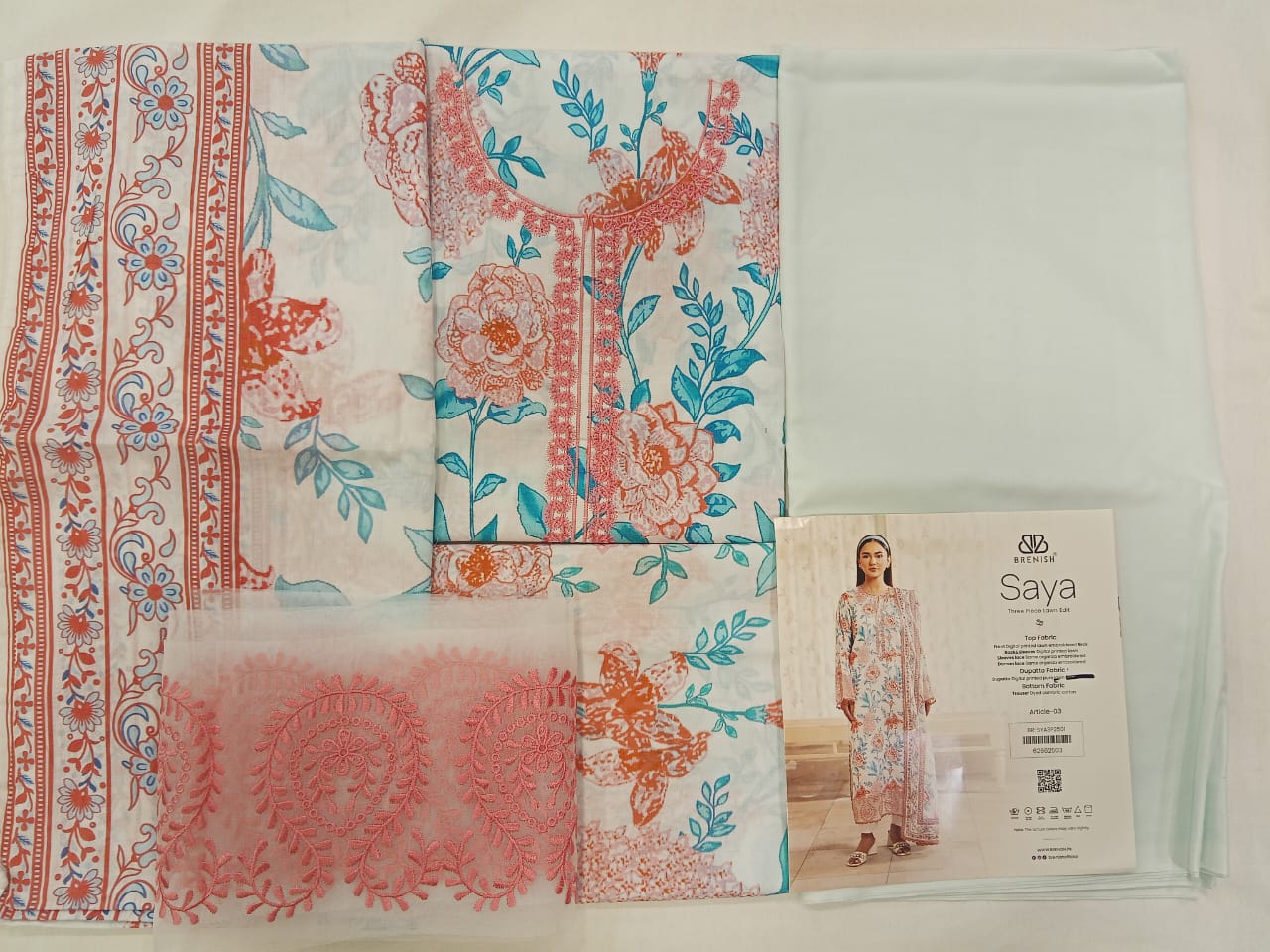 Off White| SAYA 3pc Unstitched Lawn Suit | Brenish