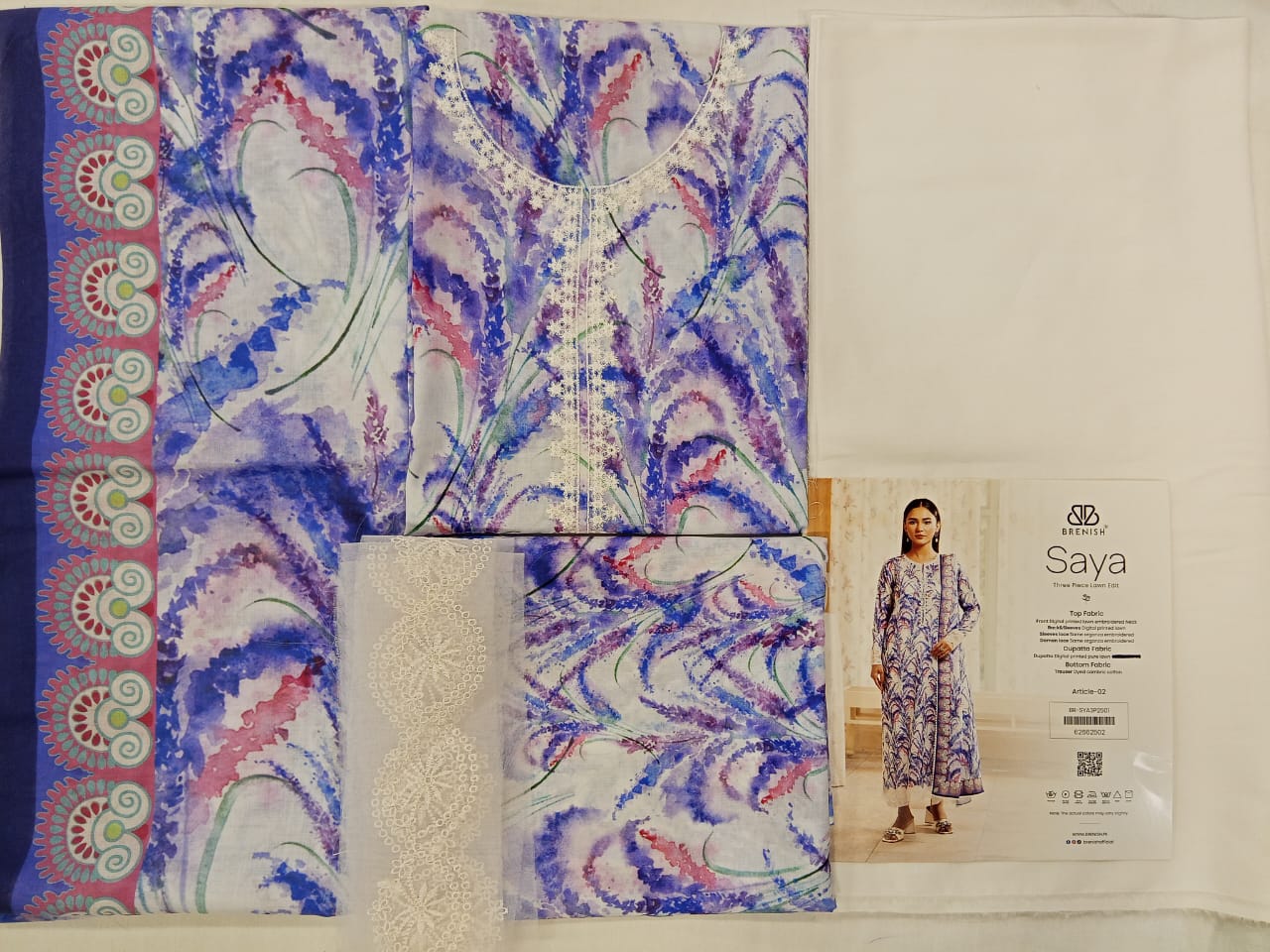 Blue White| SAYA 3pc Unstitched Lawn Suit | Brenish